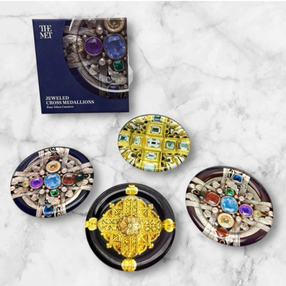 The Met Jeweled Cross Medallions Coaster Set - Gold and Purple